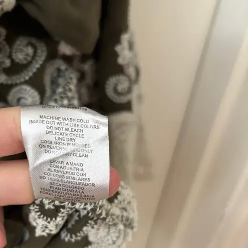 Democracy Olive Green Embroidered Open Sleeve Crochet Bell Sl Boho Festival Hippie Top M