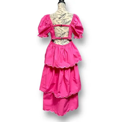 English Factory M Pink Scallop Tiered Maxi Dress Puff Sleeve Barbie Cottagecore