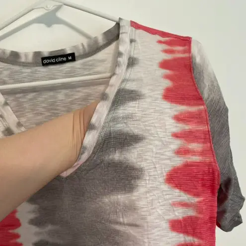 DAVID CLINE Red Gray White Tie Dye Stripe Short Sleeve Summer Knee T