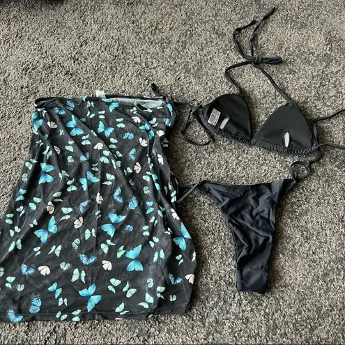 Black cheeky bikini butterfly cover skirt three pieces set