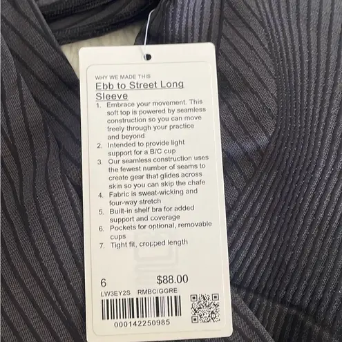 Lululemon NWT  Ebb‎ to Street long sleeve black/charcoal size 6