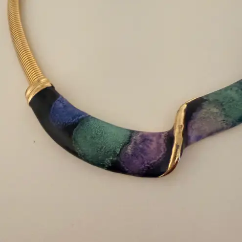 Choker Collar Necklace Gold Tone Abstract Art Inlay Statement Piece