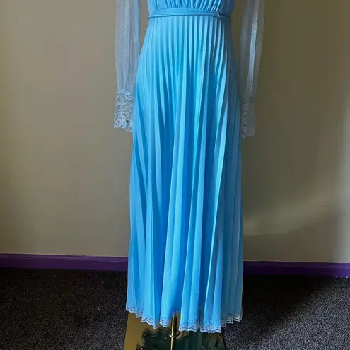 Vintage 70s Blue Lace Long Sleeve Nightgown Hostess Dress Victorian Small