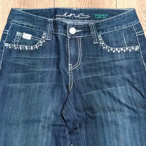 INC Jeans Womens 4 Flare Leg Flared Rhinestones Bling Pockets Regular Fit Blue
