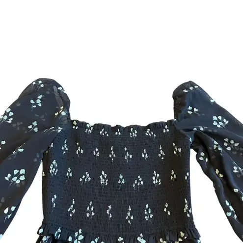 Wilfred Aritzia Tempest Dress Black Aqua Print Long Sleeve Mini Length Size XS