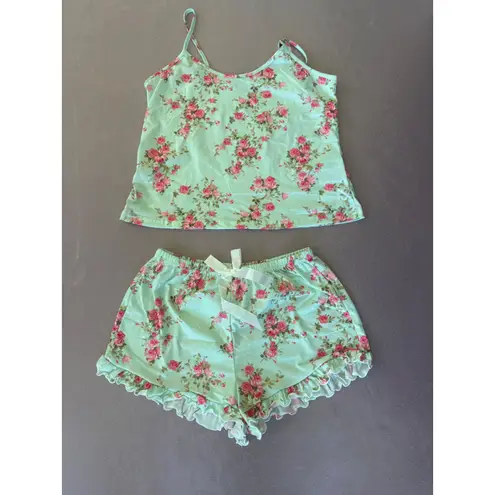 Floral Pajama Set Cami Top & Shorts Ruffle Trim Sleepwear Loungewear M Green Size M