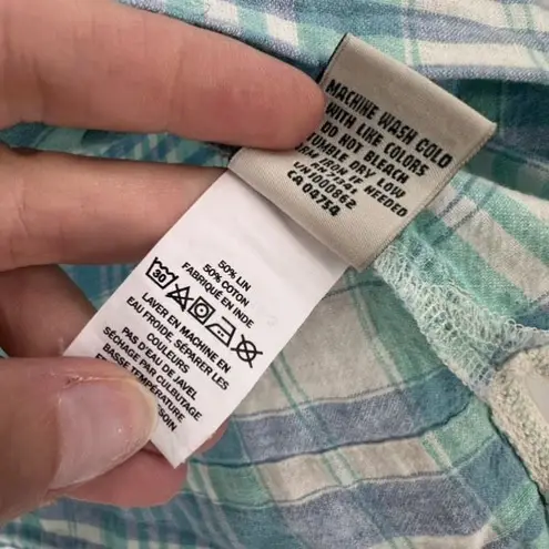 L.L. Bean Womens Popover Linen Blend Blue Madras Plaid Shirt medium Short Sleeve