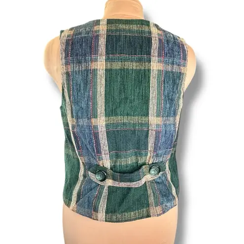 Handmade Vintage Green Blue Tartan Plaid Button Front Vest Adjustable Back Tab Size M