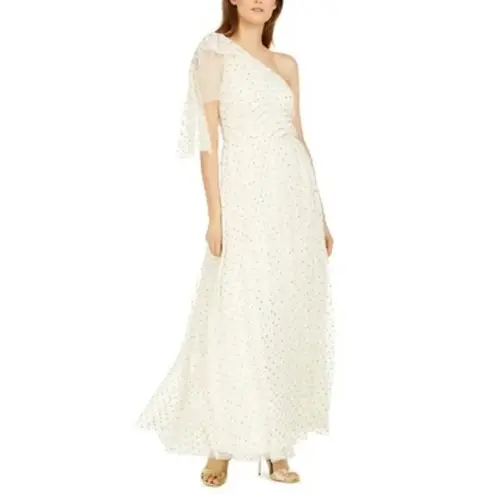 Eliza J Women's White One Shoulder Evening Gown Size 12 Metallic Polka Dot Dress