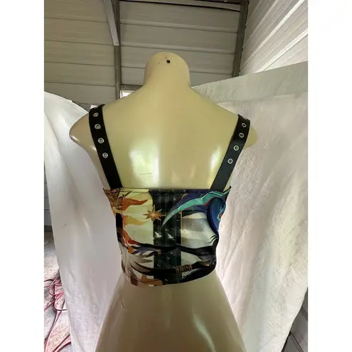 Graphic Print Corset Top Buckle Strap Sleeveless Party Clubwear Sexy Size S Black