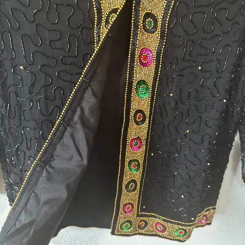 Laurence Kazar Beaded Silk Jacket Embellished Party Evening Top Black Medium