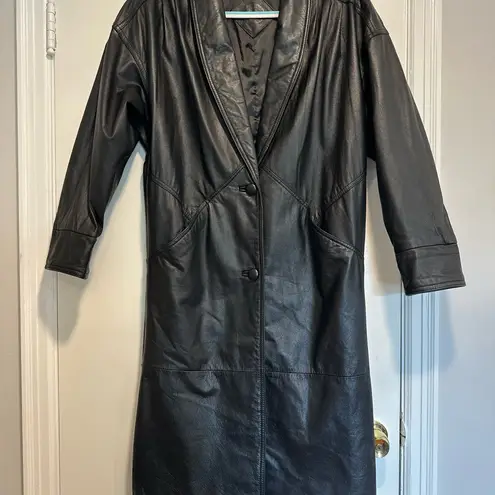 Jacqueline Ferrar Vintage 90s Sz: S Black Leather Button Up Long Trench Coat.