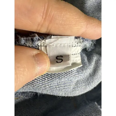 Boho VTG Style Distressed Patched Denim Fringed Raw Hem Oversized Jacket Size S - Image 9