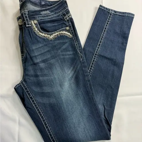 GRACE IN LA Blue Straight Leg Jeans with Chevron Embroidery