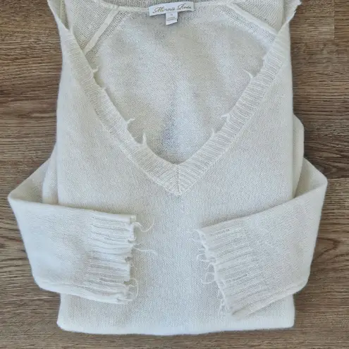 Minnie Rose Cashmere Frayed Edge V Neck Sweater Size Small Cream