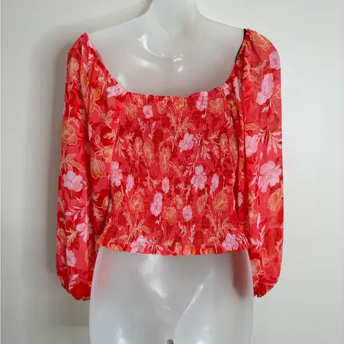 Pleione  Nordstrom Floral Long Sleeve ruched blouse size small Pink Boho