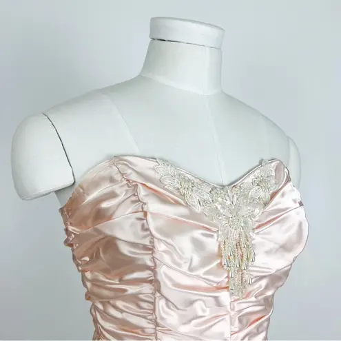 Vintage 90’s Strapless Satin Corset Mini Dress with Lace Ruffle Skirt | Size XS Pink