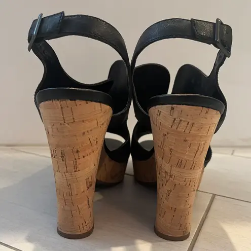 Franco Sarto Gallard Cork Wedge Black Slingback Leather Sandals Size 10M