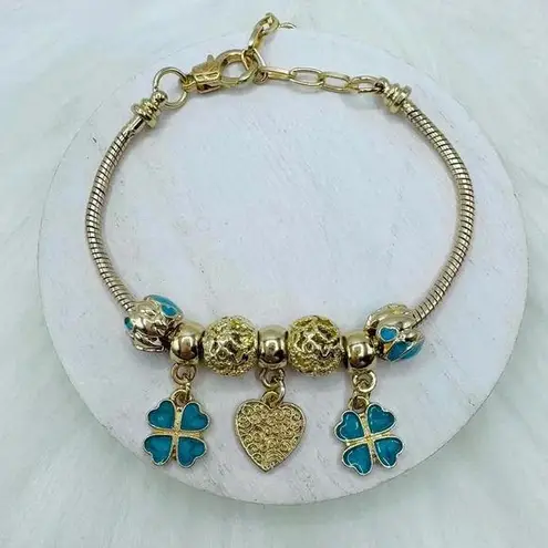 Heart & Clover Charm Bracelet Blue Gold