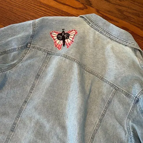Vintage Y2K White Stag Butterfly Floral Embroidered Denim Jacket Size XL Boho