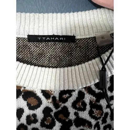 T Tahari Tahari Womens White Black Leopard Long Sleeve Crew Neck Pullover Sweater Size XL - Image 5