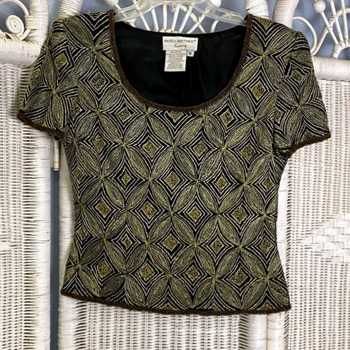 Papell Boutique Vintage 90s Evening Silk Beaded Top S Black Gold Holiday Glam