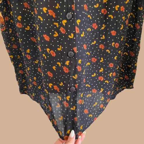 Jane Ashley Vintage Boho Floral Crinkle Cut Oversized Button Up Short Sleeve /