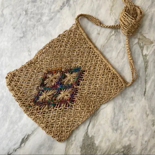 Handmade Vintage Y2K Boho Hemp Woven Mandala Pattern Rainbow Thread Crossbody Bag