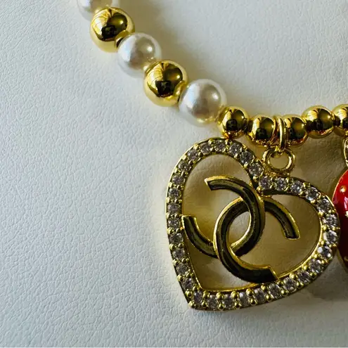 Gold and White Pearl Bracelet with Heart and Strawberry Charms Adjustable