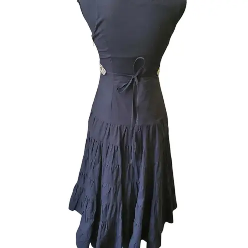 Sue Wong Black Beaded A-line Tiered Cocktail Dress Gold Belt India VTG Y2K Sz 4P