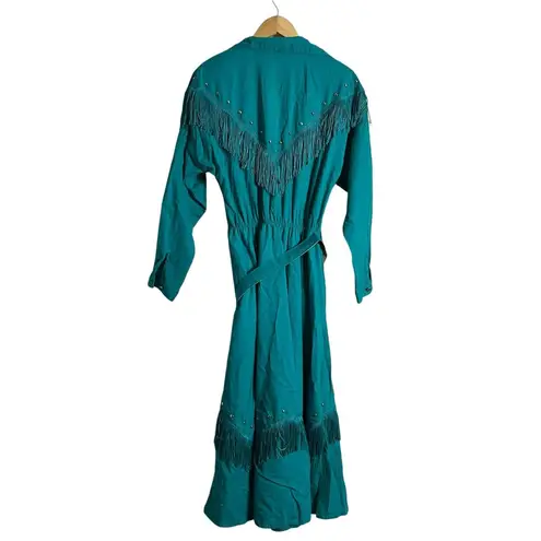 Vintage Teal Blue Western Boho Fringed Studded Long Sleeve Maxi Shirt Dress M Size M