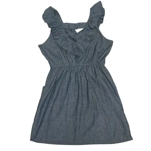 Alythea Chambray Ruffle Linen Sundress Blue Sleeveless Dress Women’s Large