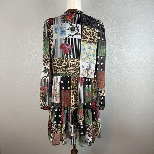 Desigual Womens Chiffon Patchwork Tiered Dress Size M Medium Long Sleeve