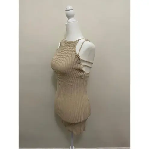 Bershka Lace-Up Back Crochet Knit Mini Dress in Tan (X-SMALL)