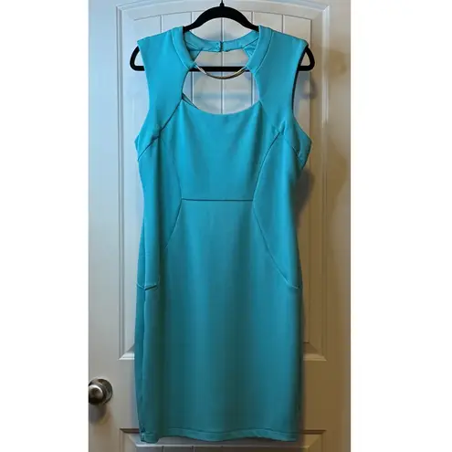 Bisou Bisou Teal Blue Square Neck Sheath Dress Gold Ring Detail Bodycon Sz 14 #