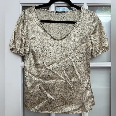 Josie Natori 100% Silk Cream & Gold Puff Sleeve Scalloped Neck Blouse Size XS