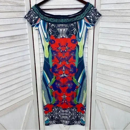 Jealous Tomato Tropical Print Bodycon Sheath Dress Red Blue Small Off Shoulder