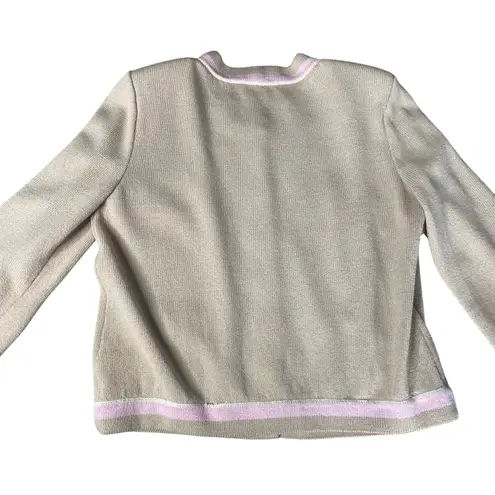 St. John Santana Preppy Classic Knit Sweater Tan Pink Button Up 8 Medium