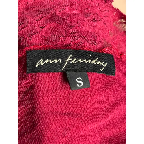 Vintage Y2K Ann Ferriday Burgundy Lace Mesh Top Small Romantic Ribbon Bow Sheer Red