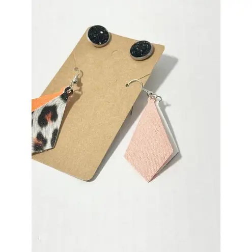 Leopard Print Vegan Leather Dangle & Crystal Round Earrings Orange Black 2 Pairs