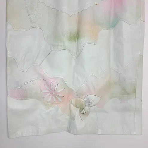 Vtg Shanna Leather Laser Cut Floral Winter White Pastel Pencil Midi Skirt Sz M Pink Size M