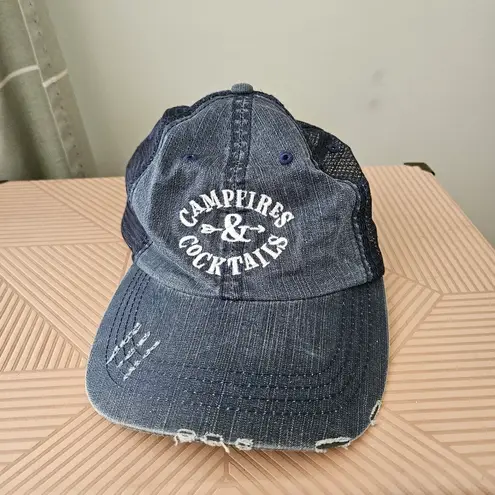 Baseball Cap Campfires & Cocktails Hat Blue Denim Distressed White Embroidered