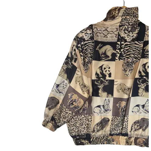 Vintage Fuda International Silk Animal Print Bomber Jacket Unique Lightweight L Tan Size L