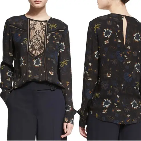 ALC Frank A.L.C. Noemi Silk Floral Top With Lace Inset Panel Sz 4