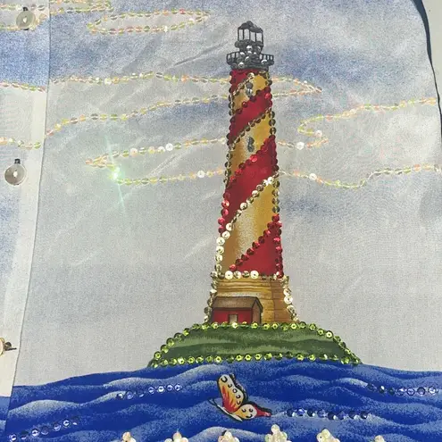 Quacker Factory NWT Size XS Beach Sailboat Sequin 100% Silk Button Up Blouse Top