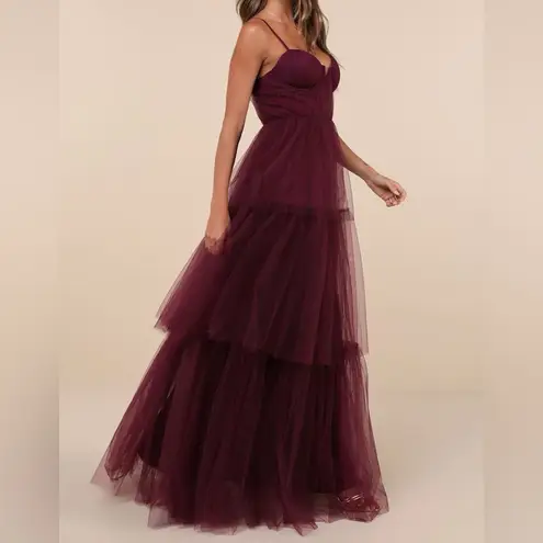 Lulus Unforgettable Poise Plum Purple Tulle Bustier Tiered Maxi Dress Sz M