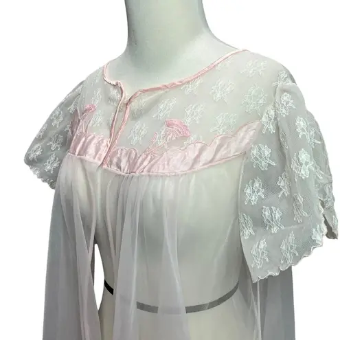 Vintage 60s 70s Peignoir Negligee L Pink Floral Nylon Lace Sheer Retro Feminine Size L