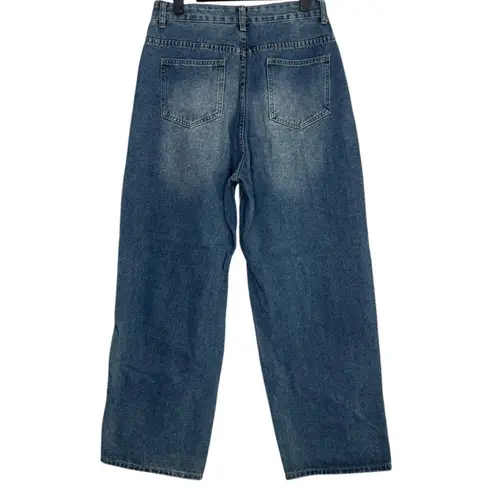 Evis Vintage Straight Wide Leg Mid Rise Full Length Casual Denim Jean Zip 8 Blue