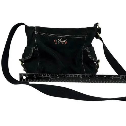 Fossil Y2K Retro Black Denim Floral Embroidered Crossbody Bag Y2K Shoulder Purse