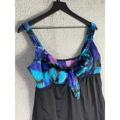 Longitude Size 16 Black Floral Skirted One Piece Swimsuit Tummy Control Tankini